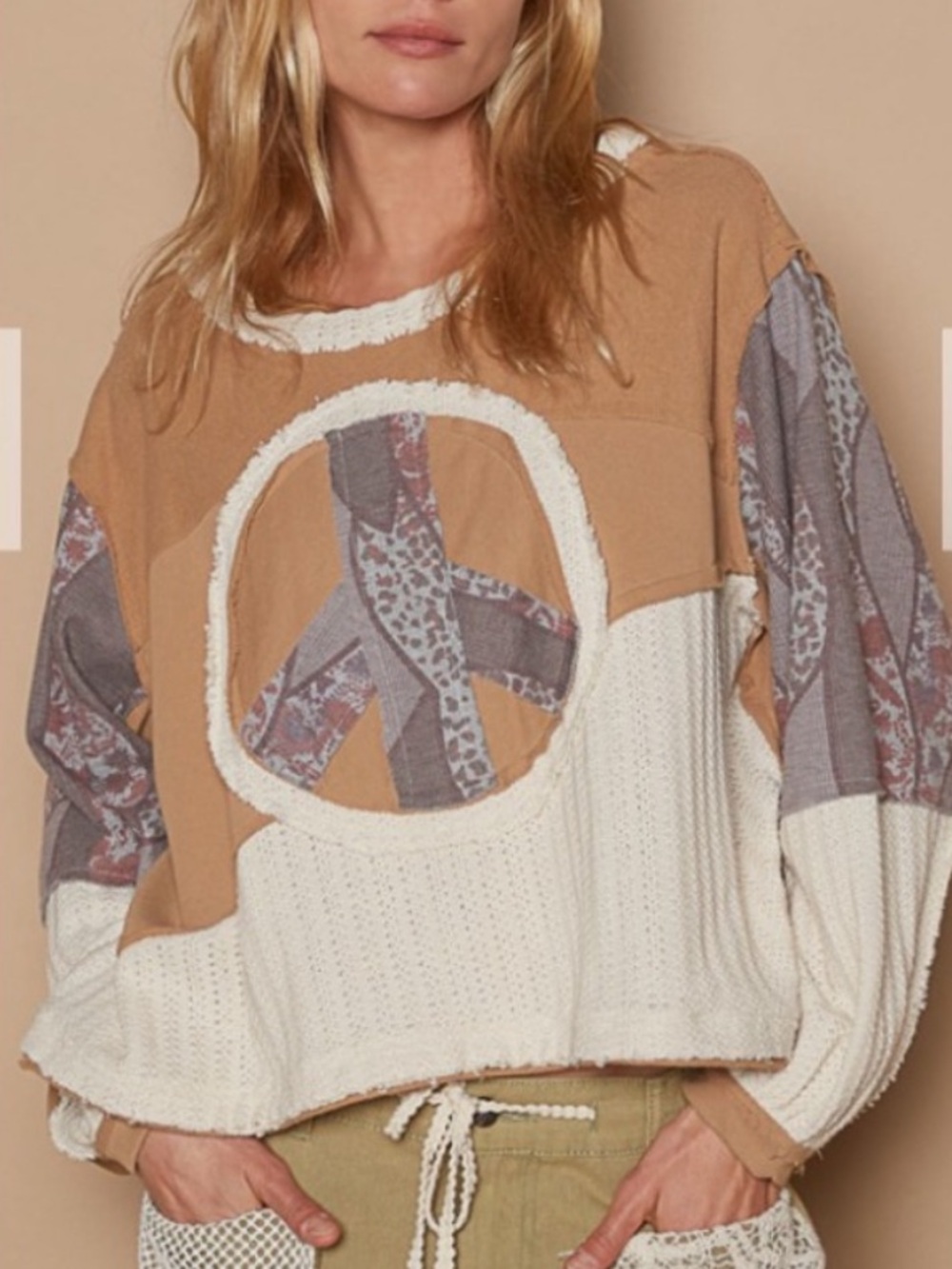 POL Boho Sweatshirt Latte Peace Size L Oversized Patchwork Frayed Edges - Picture 2 of 10